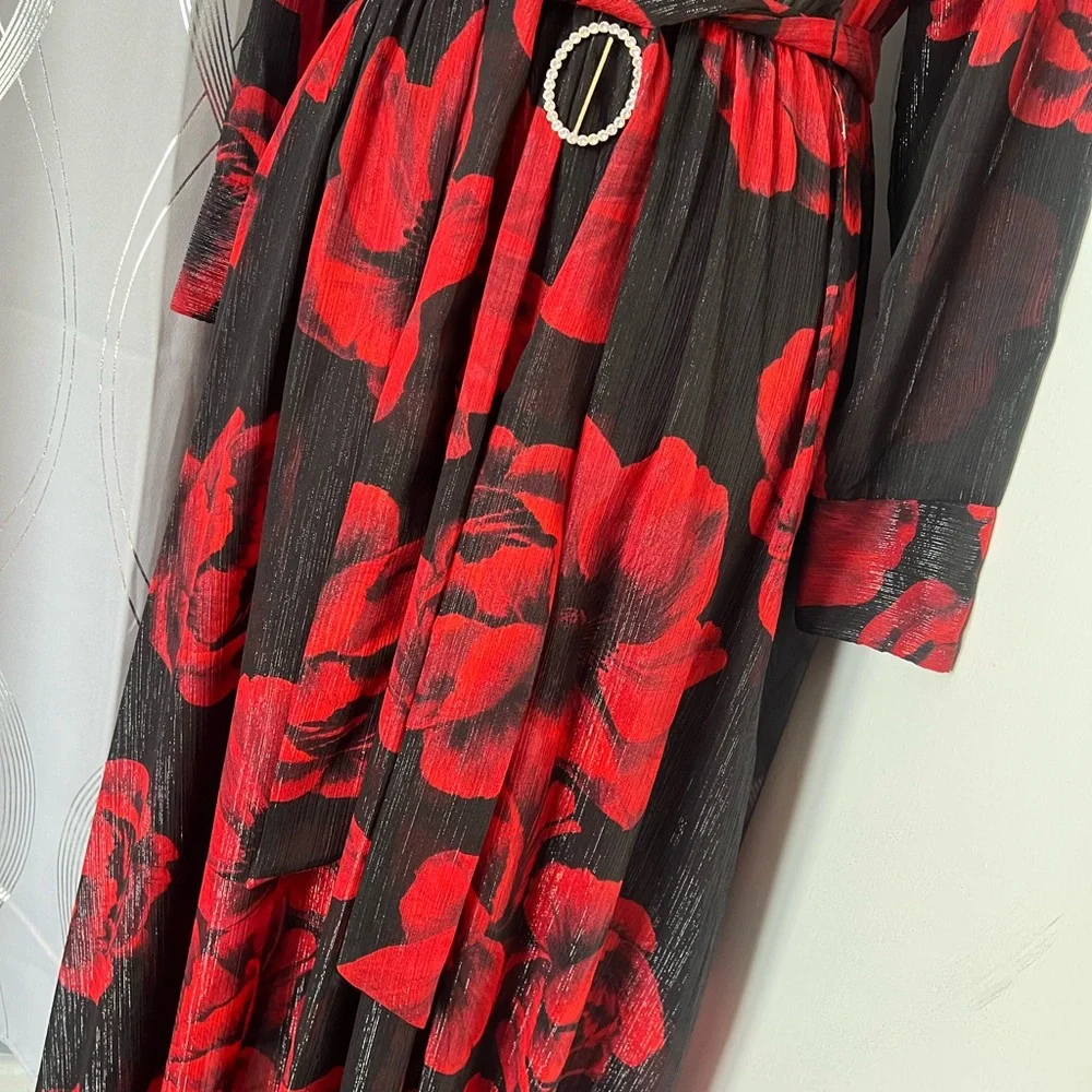Red and Black Bishop Sleeve Maxi Dress for Weddings - Picture 3 of 11